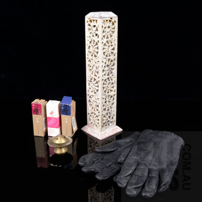 Carved Stone & Brass Incense Burners , Three Boxes of Japanese Incense and a Pair of English Leather Gloves