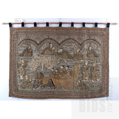 Vintage Burmese Kalaga Tapestry - Heavily Embroidered and Sequinned Wall hanging Depicting eatern Royal Coach Worshipper