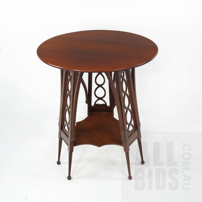 Arts and Crafts Style Walnut Side Table with Fretwork Legs and Shelf Below