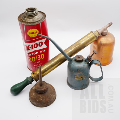 Vintage Brass Sprayer, Shell X-100 Motor Oil Can and Two Oilers