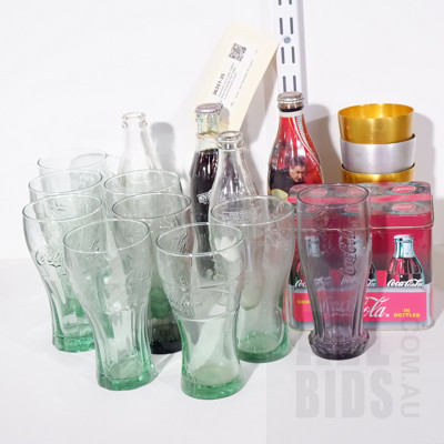 Assorted Coca Cola Collectibles including Two bottles and Anodised Cups