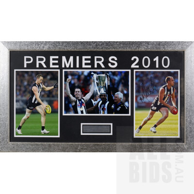 Framed Collingwood 2010 Premiers Memorabilia Displaying Three Pictures and Information Plaque Signed by Nick Maxwell