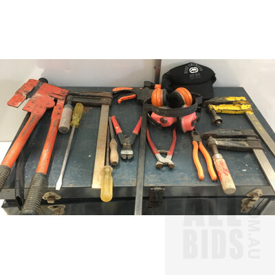 Assortment Of Tools And Hardware In Metal Tool Box On Wheels