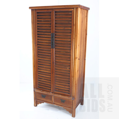 Contemporary Chinese Pine Cabinet with Slatted Doors and Cast Metal Butterfly Handles