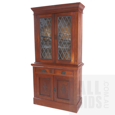 Antique Style Stained Hardwood Bookcase with Leadlight Panels and Art Nouveau Handles, Mid to Late 20th Century