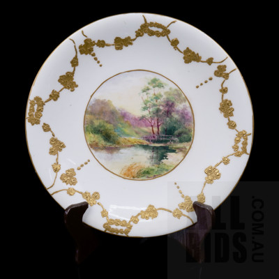 Antique Porcelain Cabinet Plate with Hand Painted Central Landscape with Gilt Floral Swag Border