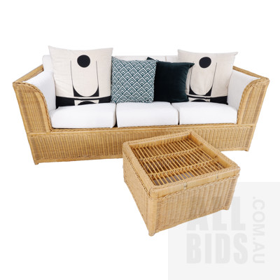 Woven Cane Patio/Sunroom Three Seat Lounge with Upholstered and Matching Coffee Table
