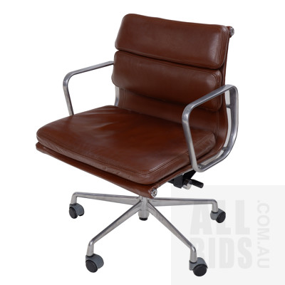 Retro Office Chair with Polished Steel Frame and Brown Leather Upholstery