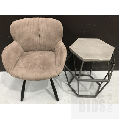 Larissa Occasional Chair and Geometric Hex Concrete Lamp Table - ORP $698