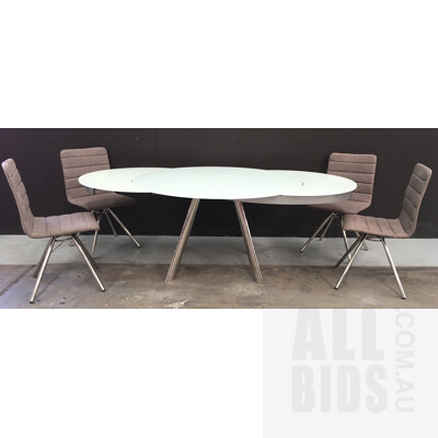 Rondo Glass Swing Out Extension Dining Table With Four Alvaro Dark Grey Chairs ORP: $3610
