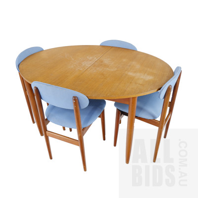 Retro Teak Butterfly Extension Dining Table with a Set of Six Blue Fabric Upholstered Chairs