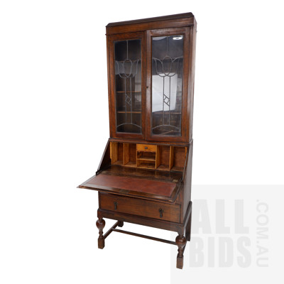 Vintage Oak Bureau Bookcase Cabinet with Fitted Interior and Leadlight Doors Above