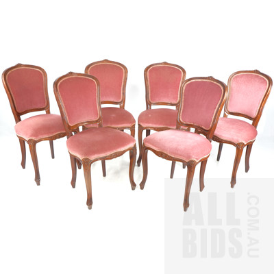 Set of Six Vintage Victorian Style Pink Fabric Upholstered Dining Chairs Circa 1980s