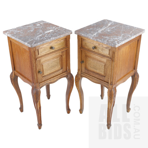 Pair of Louis Style Oak and Marble Side Tables, 20th Century