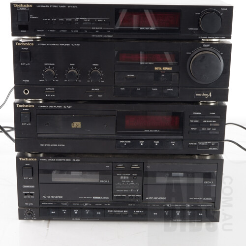 Collection of Technics Stereo Systems Including Tuner, Amplifier, Disc Player and Cassette Deck