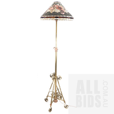 Decorative Vintage Floor Lamp with Ornate Brass Base and Leadlight Shade