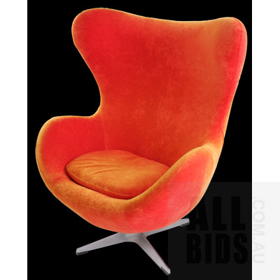 Replica Arne Jacobsen Egg Chair with Orange Crushed Velvet Upholstery