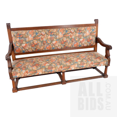 Antique European Oak and Floral Upholstered Settee, Early to Mid 20th Century