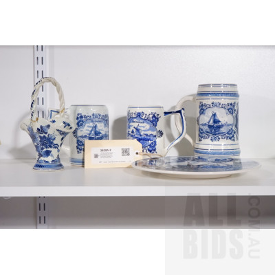 Collection Vintage Hand Painted Delft Blue and White Porcelain Items Including Three Steins, Basket Form Vase and Display Plate