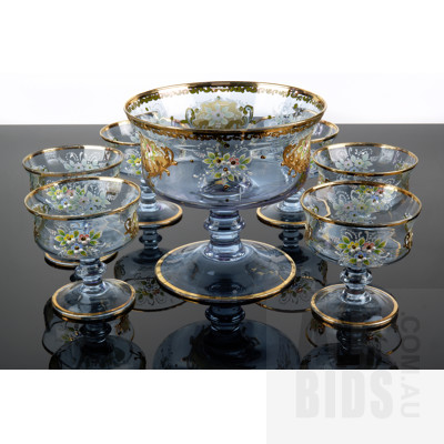 Vintage Murano Lilac Glass Floral Decorated and Gilded Dessert Set, Seven pieces - Marked to Base Alexander Murano 24Kt