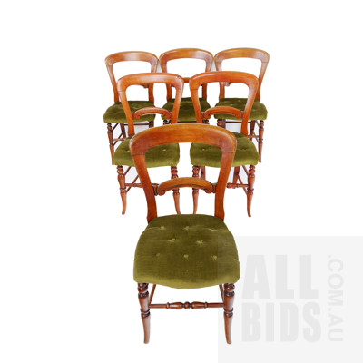 Set of Six Victorian Balloon Back Chairs with Green Fabric Upholstered Seats Circa 1880s (6)