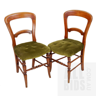 Set of Six Victorian Balloon Back Chairs with Green Fabric Upholstered Seats Circa 1880s (6)