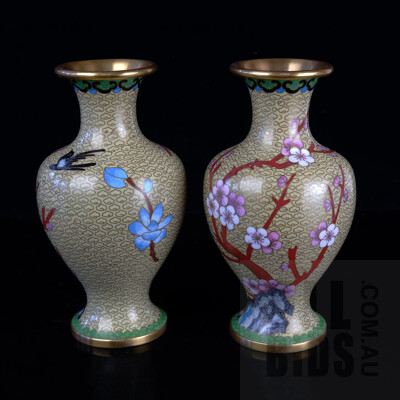 Pair Chinese Cloisonne Vases with Cherry Blossom and Bird Motifs