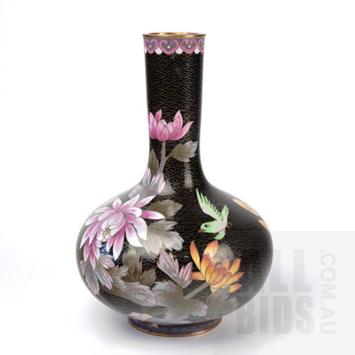 Tall Funnel Neck Cloisonne Vase with Floral and Bird Motif
