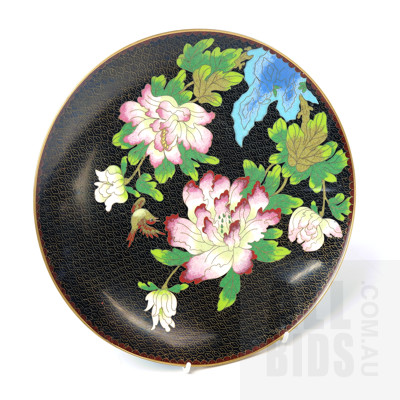 Large Chinese Cloisonne Plate with Bird and Peony Design