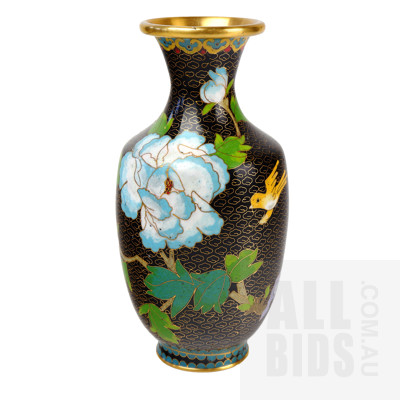 Vintage Chinese Black Cloisonne Vase with Peony Decoration 