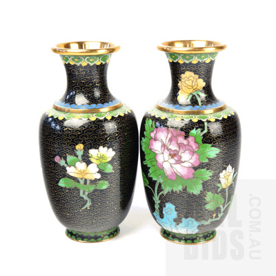 Pair Black Chinese Cloisonne Vases with Butterflies and Peony