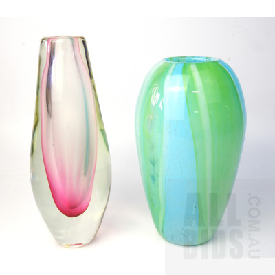 Capri and Aquamarine Colored Hand Blown Studio Art Glass Vase and Another Very Heavy Studio Art Glass Vase