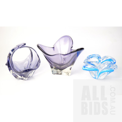 Three Pieces Studio Art Glass Including Lavender Colored Basket Form Piece and Two Others