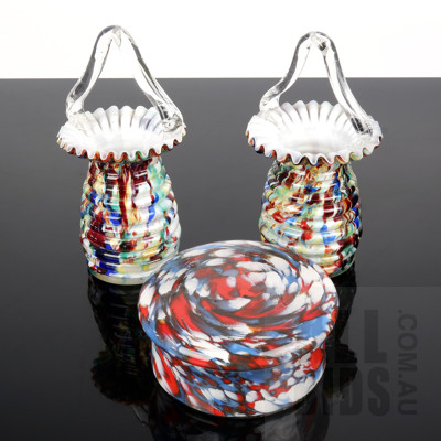Pair Basket Form Hand Blown Mottled Color Studio Art Glass Vases and Mottled Color Glass Ring Dish
