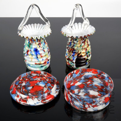 Pair Basket Form Hand Blown Mottled Color Studio Art Glass Vases and Mottled Color Glass Ring Dish