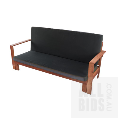 Pair of Stained Pine Outdoor Lounges with Black Fabric Upholstered Cushions