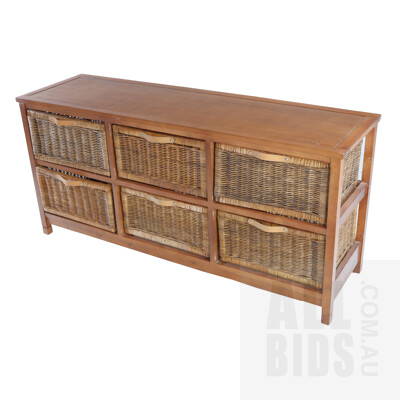 Contemporary Stained Pine Storage Unit with Six Wicker Shelves
