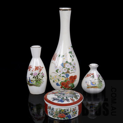 Collection Japanese Satsuma Wares Including Three Vases and Lidded Ring Dish