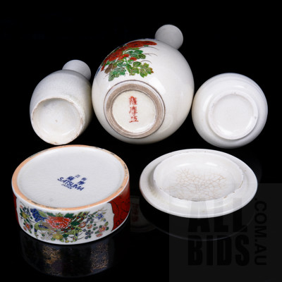 Collection Japanese Satsuma Wares Including Three Vases and Lidded Ring Dish