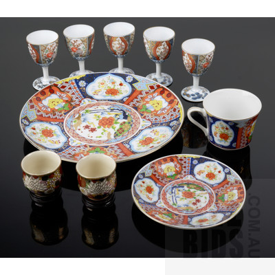 Collection Japanese Satsuma and Imari Ware Including Imari Trio, Five Satsuma Goblets and Pair Cups