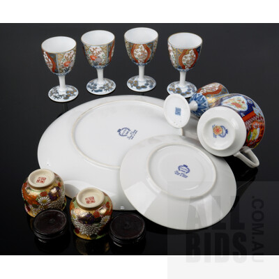 Collection Japanese Satsuma and Imari Ware Including Imari Trio, Five Satsuma Goblets and Pair Cups