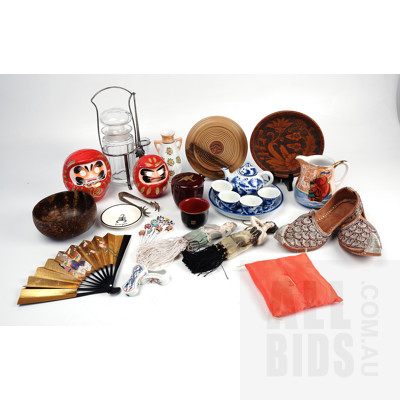 Collection Curios Including Asian Tea Set with Teapot and Four Cups, Pokerwork Tray, Two German Half Dolls and More