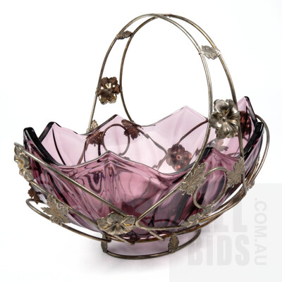 Vintage Silverplate Rose Basket with Leaf and Flower Motif and Liliac Glass Insert