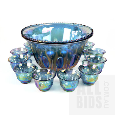 Antique Style Carnival Glass Punch Bowl with Ten Matching Cups, Late 20th Century