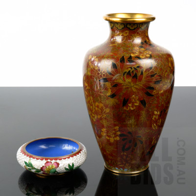 Chinese Cloisonne Vase with a Small Chinese Cloisonne Bowl with Peony Motif and Blue Interior