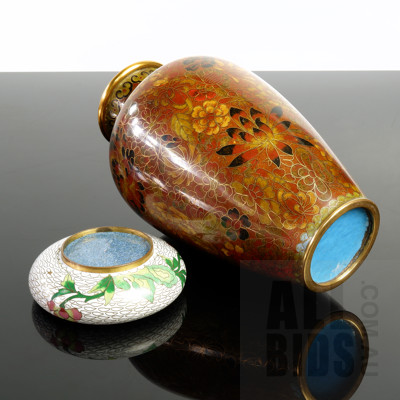 Chinese Cloisonne Vase with a Small Chinese Cloisonne Bowl with Peony Motif and Blue Interior