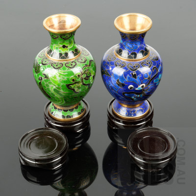 Near Pair of Small Chinese Cloisonne Vases with Four Clawed Dragon
