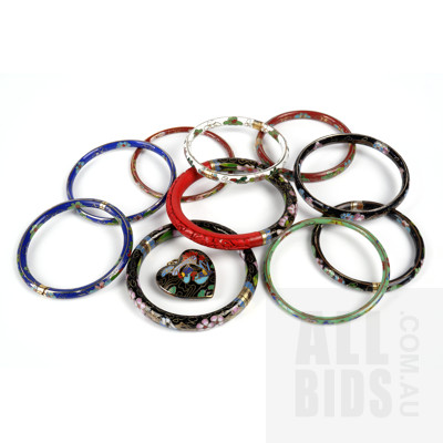 Collection of Chinese Cloisonne and Cinnabar Bangles and a Heart Pendant