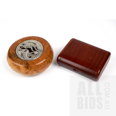 Bespoke Red Cedar Box and a Louis Allen Yellow Box Burl Flower Box with Pewter Lid Decorated with Emu and Kangaroo