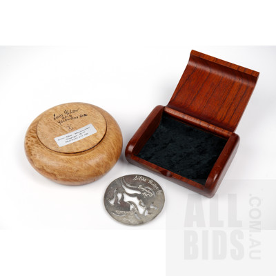 Bespoke Red Cedar Box and a Louis Allen Yellow Box Burl Flower Box with Pewter Lid Decorated with Emu and Kangaroo
